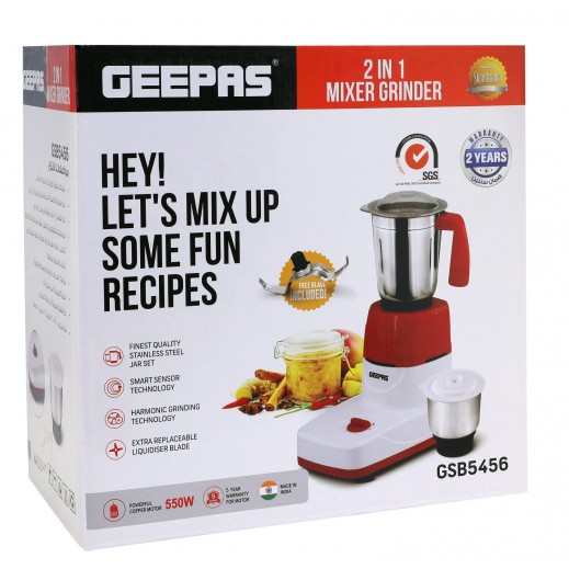 Buy GEEPAS 2 in 1 Mixer Grinder 550W Red & White توصيل