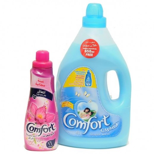 اشتري كومفورت منعم الأقمشة الأزرق ندى الربيع 4 لتر كومفورت بالأوركيد والمسك 650 مل مجانا توصيل Taw9eel Com